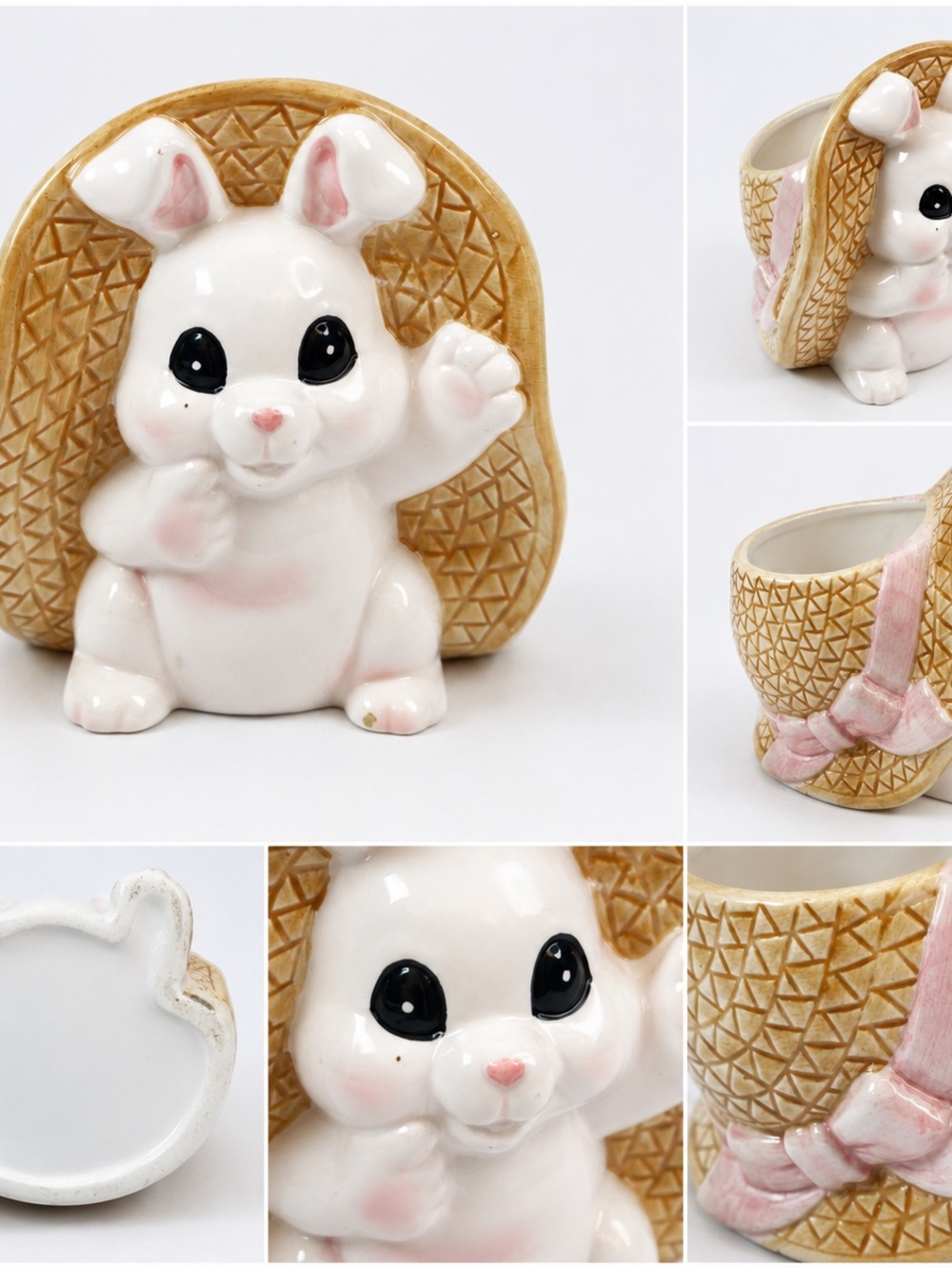Ceramic White Bunny Planter with Tan Basket Accent